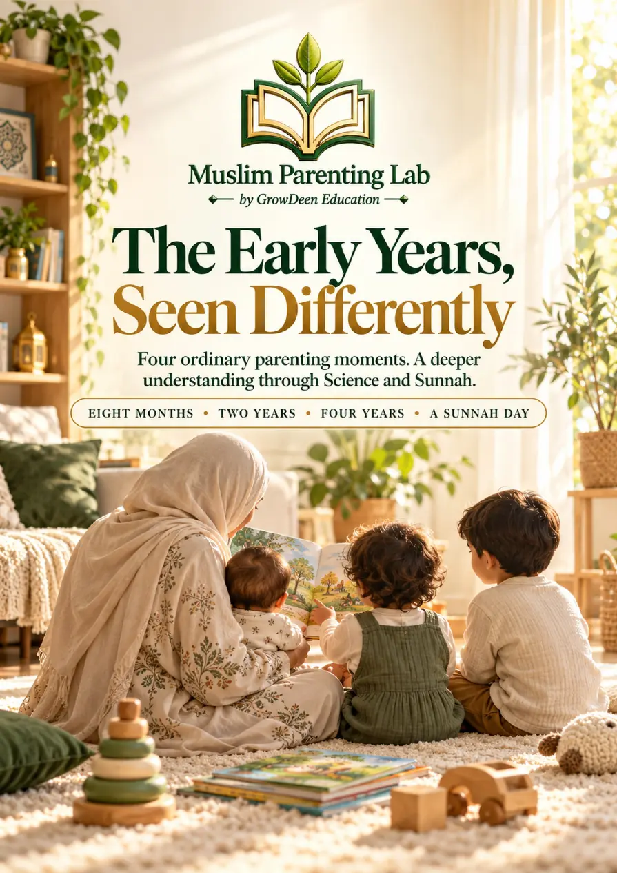 Cover of the magazine The Early Years, Seen Differently, by Muslim Parenting Lab: a mother reading a picture book to her three children